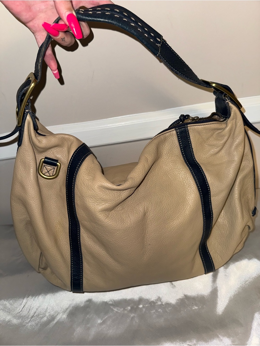 Cole Haan Classic Leather Hobo Bag in Beige with Navy Trim